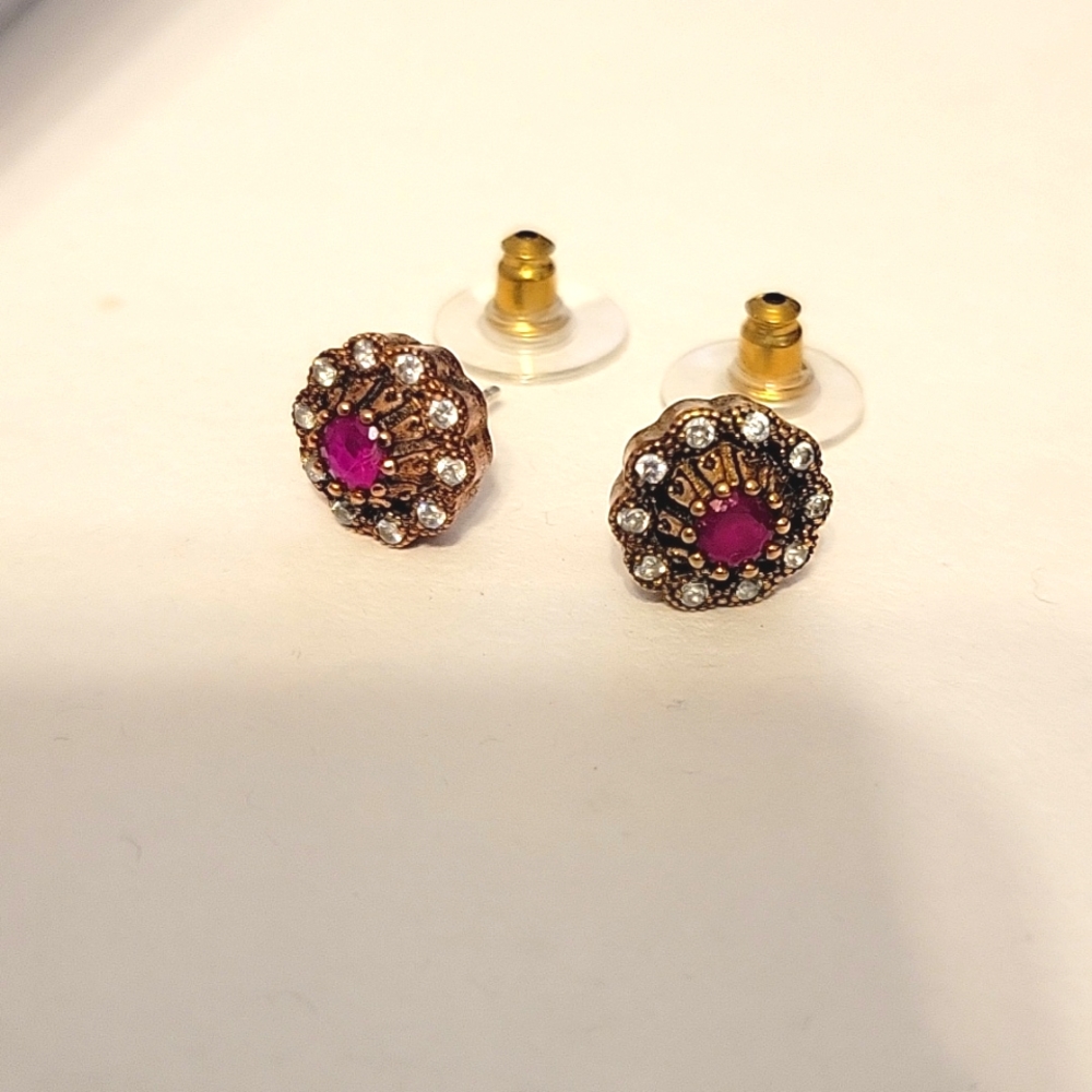 Ruby & 18k Gold Plated Flower Stud Earrings - image 2